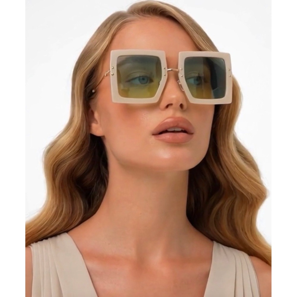 Oversized Square Sunglasses White Frame Green Gradient Lens Retro Gold Tone 2026